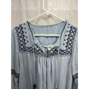 Bohemian Size 10 Blue Denim Chambray‎ Embroidered Coastal Mini Tunic Peasant